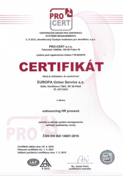 Certifikát - Certifikovaným systémem managementu